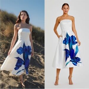 NWT Mac Duggal 21075 Strapless White Blue Floral A-Line Dress Size 14
